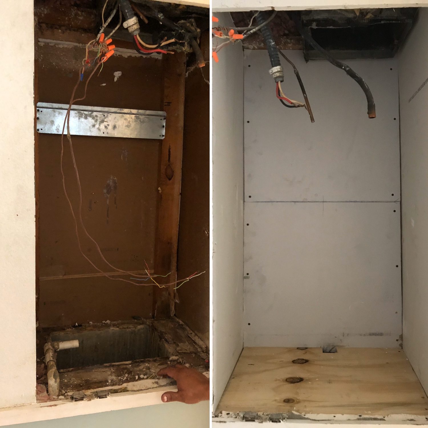 Air handler closet with rotted framing and a rusted pan, rebuilt with a new platform.