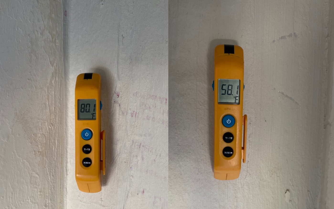 Two thermometer readings side by side: 80.1°F at the return and 58.1°F at the supply.