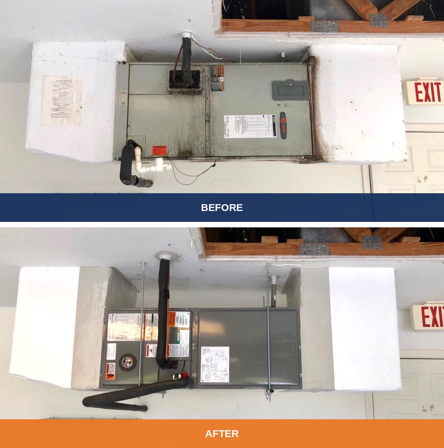 The same ceiling-hung air handler before and after replacement.