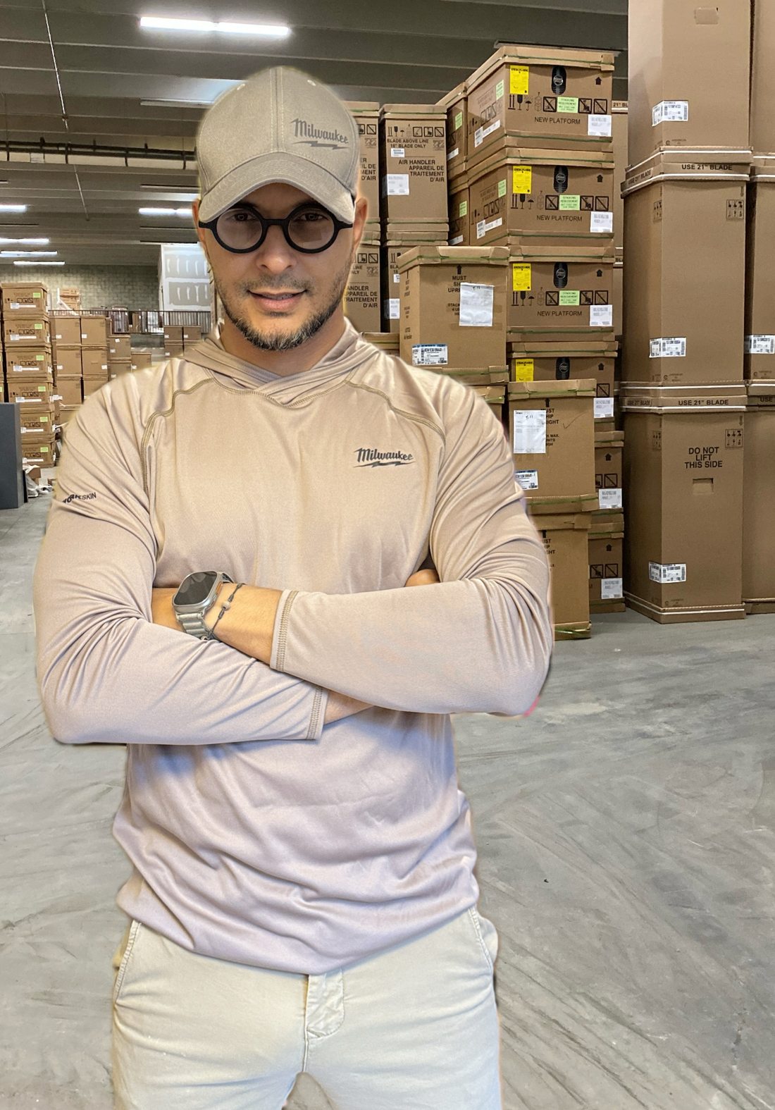 Julio, the licensed contractor behind Innova Home Plus, in an HVAC supply warehouse.