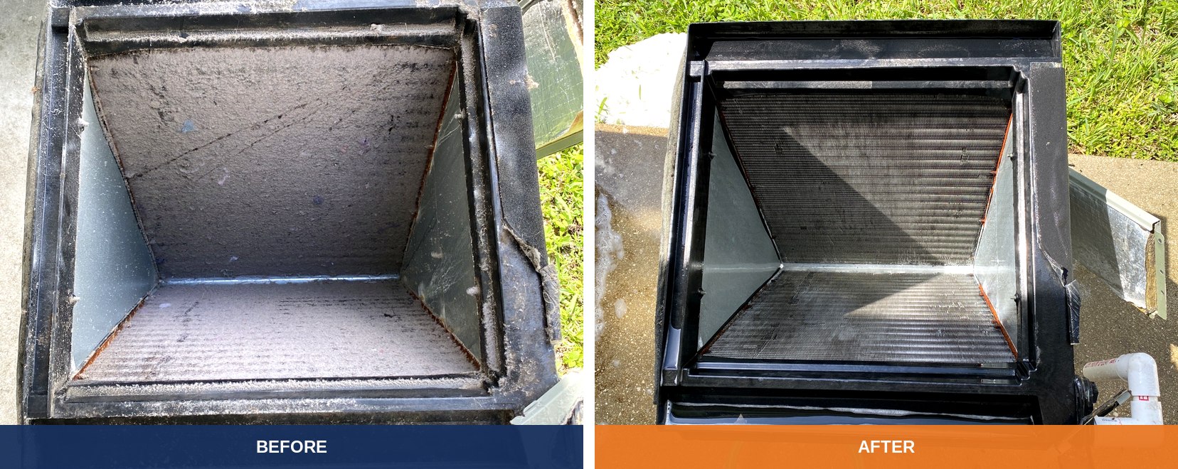 The same evaporator coil photographed from the same angle: blanketed in grey felt before, bright open fins after.