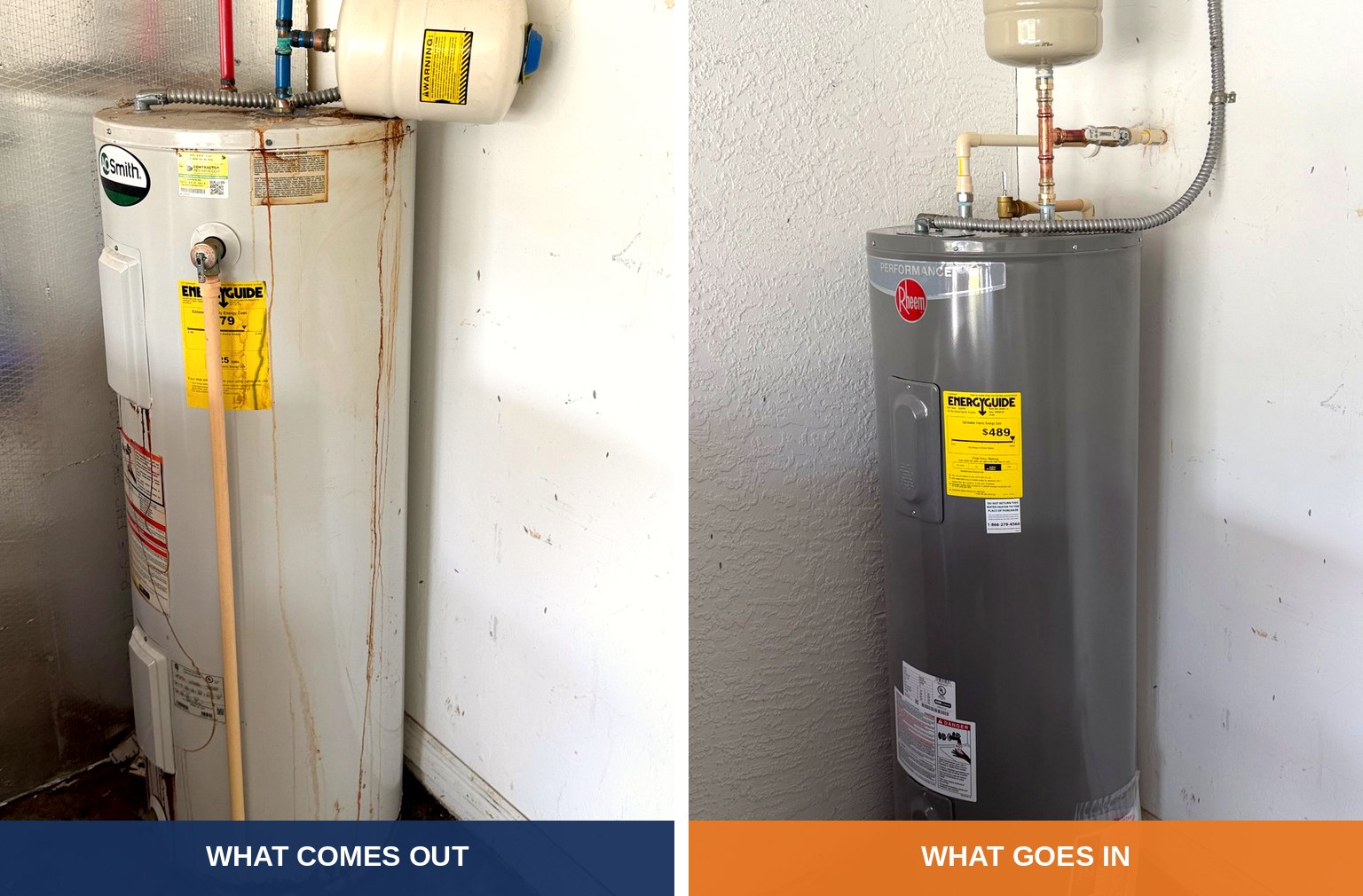 Side by side: a rust-streaked water heater before replacement, and the clean new unit installed in its place.
