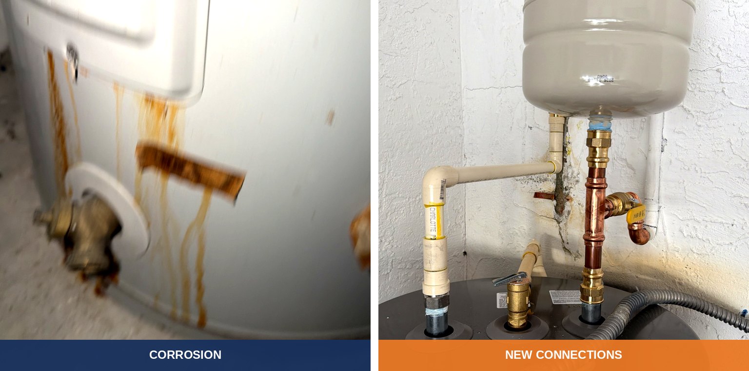 Close comparison: rust running down a failing tank, and the clean copper and brass of the replacement.